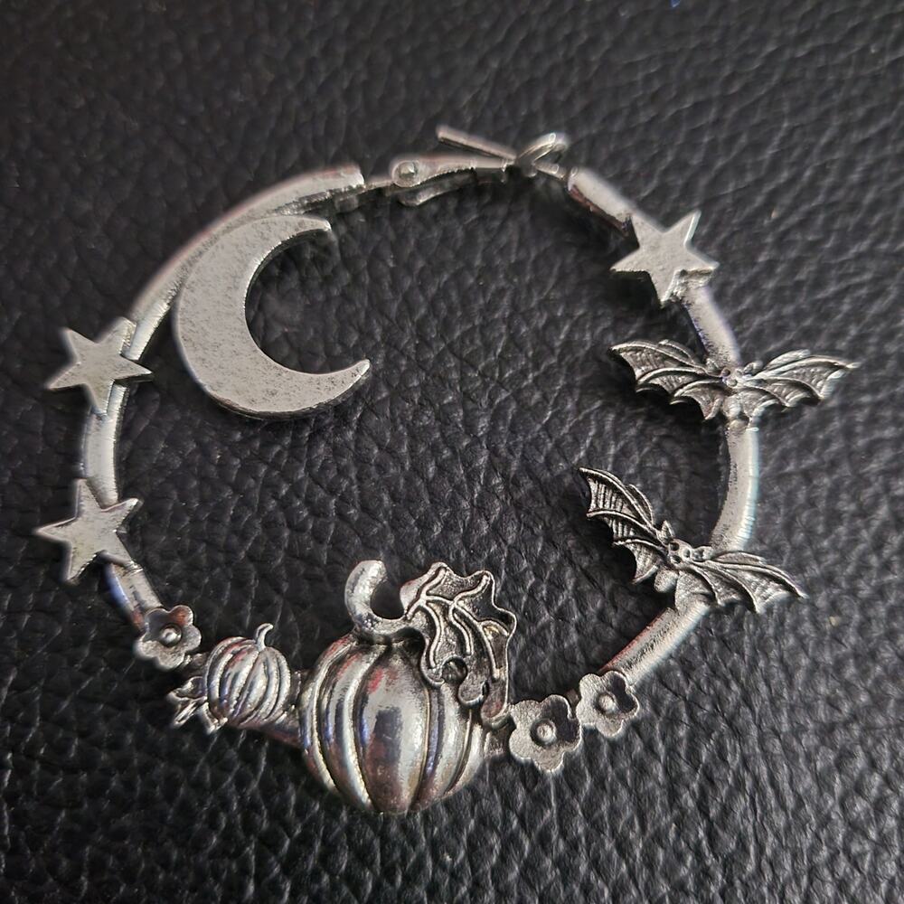 Fall Halloween silver hoop earrings with crescent moons, stars, bats & pumpkins